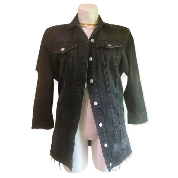 ZARA Distressed Black Denim *VLOGGER FAVORITE* Boyfriend Blazer Oversized Sz M - Picture 2 of 7